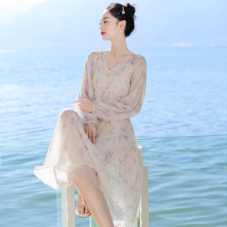 法式桔梗初恋裙女复古超仙长裙雪纺碎花连衣裙夏季小个子过膝裙子