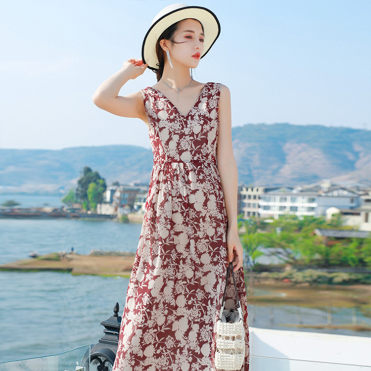 [预售-1个分类-带图]法式复古气质V领雪纺碎花连衣裙2025夏季收腰显瘦长裙大码裙子女