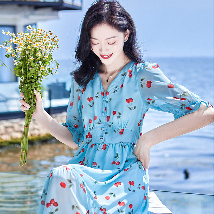 法式初恋甜美温柔风连衣裙2025夏季新款收腰气质雪纺长裙仙女裙子